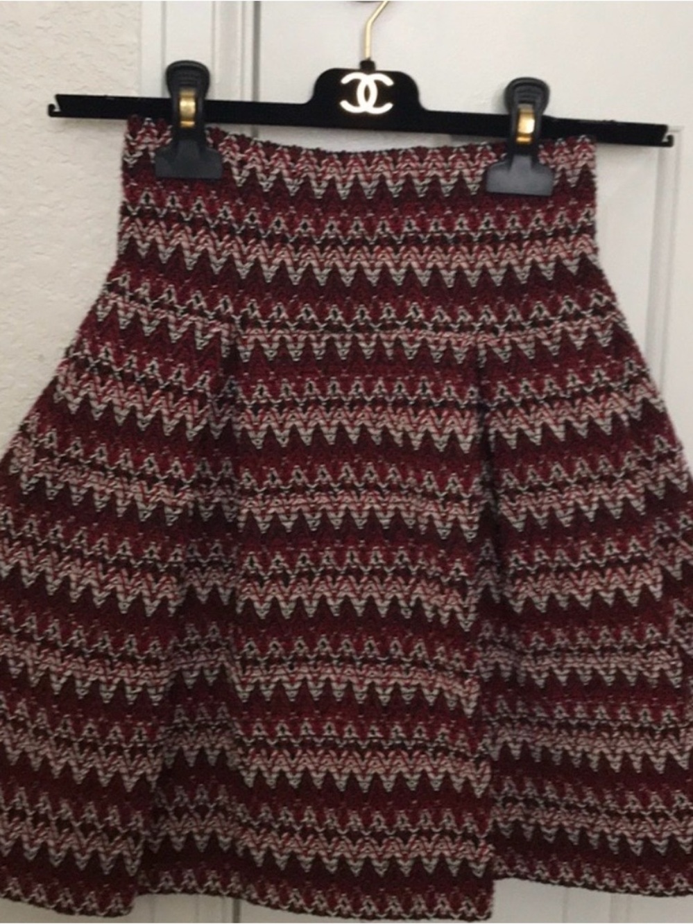 H&M Burgundy and Cream Zigzag Knit Skater Skirt